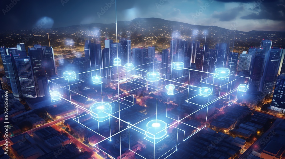 Poster modern city with wireless network connection. telecommunication network above city, wireless mobile 