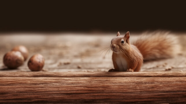 Eichhörnchen auf einem Holztisch mit einzelnen Haselnüssen für den Wintervorrat