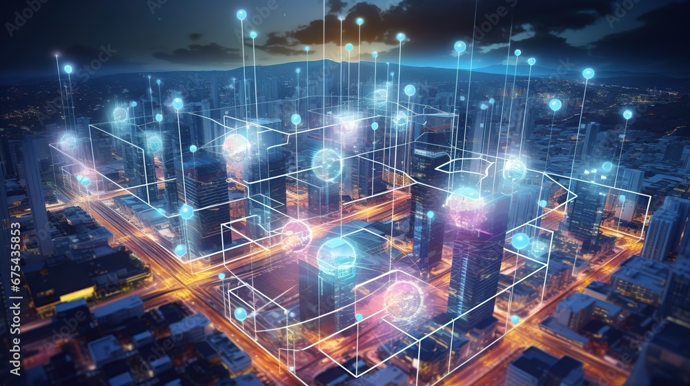 Poster modern city with wireless network connection. telecommunication network above city, wireless mobile 