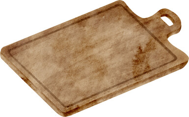 Watercolor wooden chopping board illustration. Hand drawn kitchen equipment for cutting food isolated on transparent background