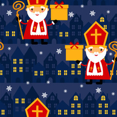 Saint Nicholas or Sinterklaas wish gifts on  background of houses  celebrate Christmas holiday. Dutch holidays at winter night. Christmas seamless background