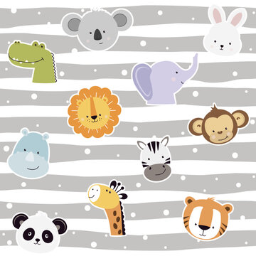 Seamless pattern cute animal faces icon set for kids. Can use for wrapping paper, fabric, textiles, packaging