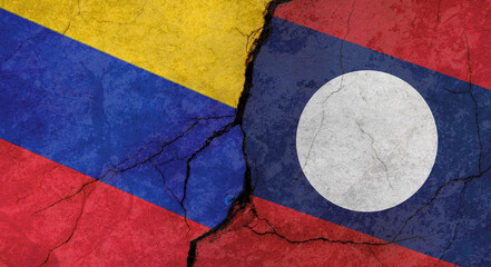 Flags of Venezuela and Laos texture of concrete wall with cracks, grunge background, military conflict concept