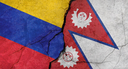 Flags of Venezuela and Nepal texture of concrete wall with cracks, grunge background, military conflict concept