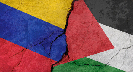 Flags of Venezuela and Palestine texture of concrete wall with cracks, grunge background, military conflict concept
