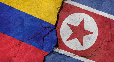 Venezuela and North Korea flags texture of concrete wall with cracks, grunge background, military conflict concept
