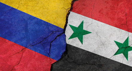 Venezuela and Syria flags texture of concrete wall with cracks, grunge background, military conflict concept