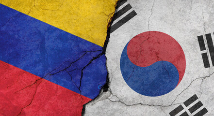 Venezuela and South Korea flags texture of concrete wall with cracks, grunge background, military conflict concept