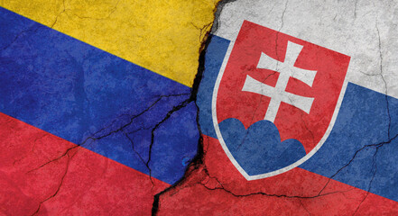 Venezuela and Slovakia flags texture of concrete wall with cracks, grunge background, military conflict concept