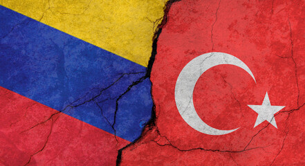 Venezuela and Turkey flags texture of concrete wall with cracks, grunge background, military conflict concept