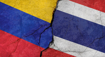 Flags of Venezuela and Thailand texture of concrete wall with cracks, orange background, military conflict concept