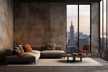 condo living room with big glass window cityscape view at twilight time, modern loft style interior, idea for backdrop wallpaper, Generative Ai
