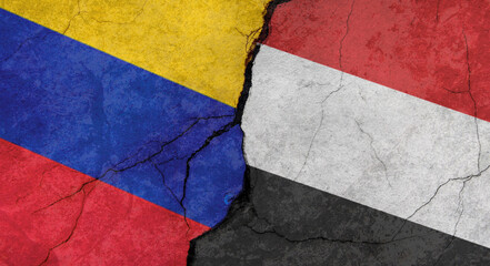 Flags of Venezuela and Yemen texture of concrete wall with cracks, grunge background, military conflict concept