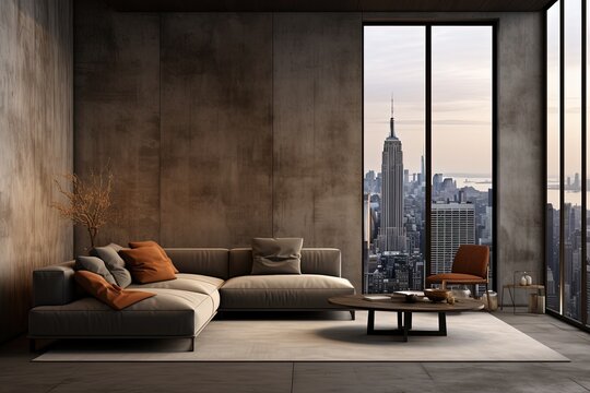 Fototapeta condo living room with big glass window cityscape view at twilight time, modern loft style interior, idea for backdrop wallpaper, Generative Ai