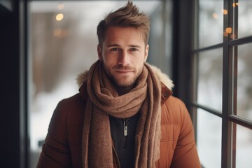 a happy modern man in the winter season on the background of the snow city