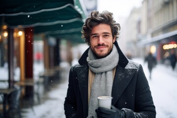 a happy modern man with a mug glass of hot drink in the winter season on the background of the snow city
