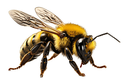 Generative AI image of a stunning bee is flying, isolated on transparent background, macro, incredible pollinator