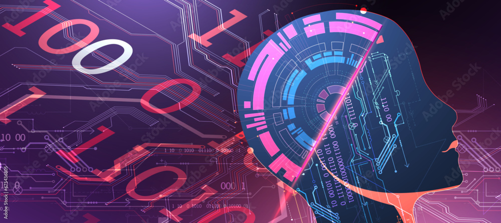 Leinwandbilder Artificial Intelligence. Technical background with a silhouette of a robot head. Big data concept. Machine cyber mind. Hand drawn vector.