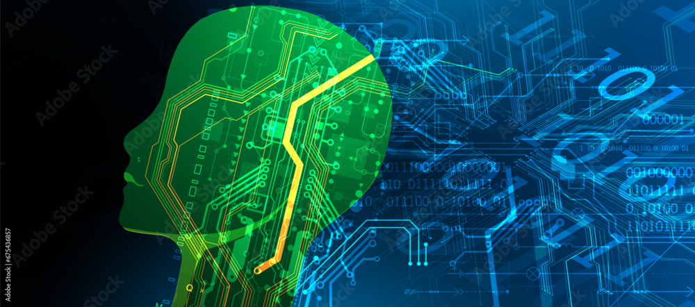 Aufkleber artificial intelligence. technical background with a silhouette of a robot head. big data concept. m