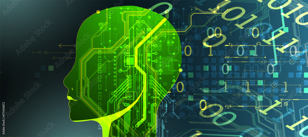 Aufkleber Artificial Intelligence. Technical background with a silhouette of a robot head. Big data concept. Machine cyber mind. Hand drawn vector.