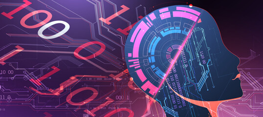 Artificial Intelligence. Technical background with a silhouette of a robot head. Big data concept. Machine cyber mind. Hand drawn vector.