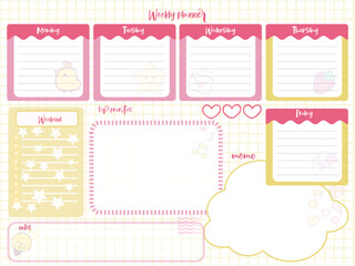 weekly reminder planner inspiration notepaper design printable . Pink, yellow, soft color kawaii pages for tags , daily notes, diet menu breakfast lunch dinner 