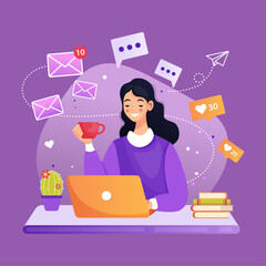 Work from home concept. Vector illustration in trendy flat style of a young pretty woman sitting and working on a laptop.