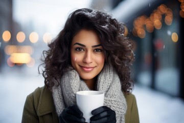 a happy modern indian woman with a mug glass of hot drink in the winter season on the background of the snow city