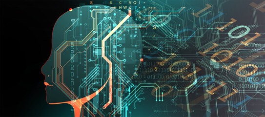 Artificial Intelligence. Technical background with a silhouette of a robot head. Big data concept. Machine cyber mind. Hand drawn vector.