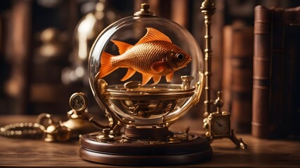      A steampunk scene of a metal gold fish swimming in a glass bowl, with a clock,   - obrazy, fototapety, plakaty