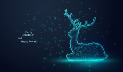 Obraz na płótnie Canvas Deer Vector. Christmas dotted particles glowing animal deer background. Winter holiday glitter technology card texture. Glowing x-mas and Happy New Year vector design.