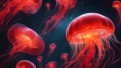 Obraz premium jelly fish in the water Jellyfish jelly fish in red color over black background at sunset 