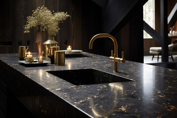 A kitchen sink in a luxurious house made of black terrazzo with gold specks, architectural digest. Interior modern design, black and gold colours. Cozy Bathroom with candles, bouquet of flowers. 