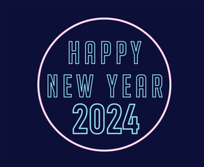 Fototapeta na wymiar 2024 Happy New Year Abstract Neon Design Holiday Vector Logo Symbol Illustration With Blue Background