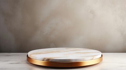 Elevated marble stand with antique gold on a smokey beige background, Premium showcase mockup template for Beauty, Cosmetic, Luxury products, with copy space for text