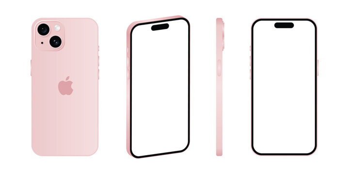 Opishnia, Poltava region, Ukraine - November 8, 2023. Iphone 15 model. Pink color. Front view, side view and back view. Vector mockup. Vector illustration