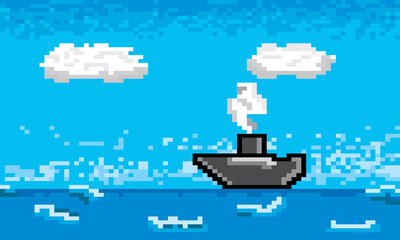 Fototapeta premium Vector Blue sea With big ships, black clouds and bright white clouds