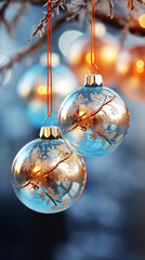 close-up of multi-colored Christmas balls on a branch, light bronze and light blue, translucent with patterns, low depth of field,