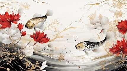 Koi fish and flowers in watercolor style. Digital painting style. Generative ai. © makstorm