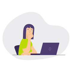 Young blue-haired woman thoughtfully looking in laptop. Puzzled girl with hand near her face working in computer.