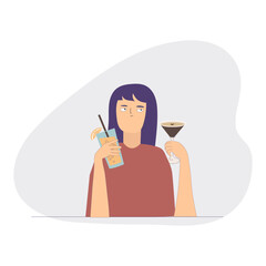 Doubting young woman holding cocktail martini espresso and fresh juice in hands. Choice between alcohol and fresh drink