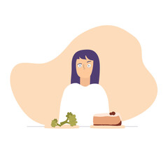 Doubting woman choosing between vegetables and sweets. Confused vegan girl sitting between healthy and unheathy food. 
