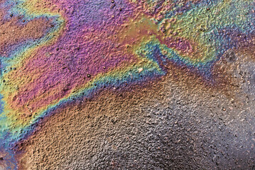Abstract colored background of leaked gasoline on wet asphalt close-up