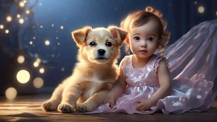 Fototapeta na wymiar A Little Puppy's Playful Bond with a Sweet Little Girl