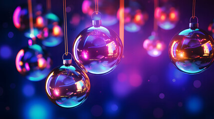 3D rendering of glass christmas baubles against a purple background. Christmas ornaments on a Christmas tree with bokeh neon pink and blue lights. - obrazy, fototapety, plakaty