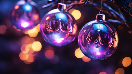 Christmas ornaments on a Christmas tree with bokeh neon pink and blue lights background - Powered by Adobe