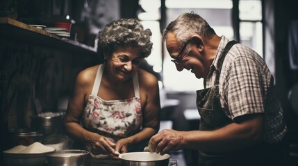 An elderly couple enjoys a playful moment while cooking together in a homely kitchen.