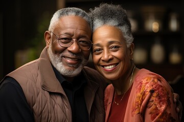 A senior couple shares a cheerful moment, their faces glowing with happiness and affection.