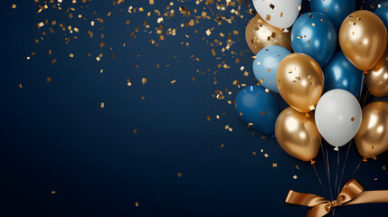 Celebration background concept with blue, golden, white balloons and confetti. Christmas background with copy space.