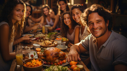 Group of friends having dinner together and smiling at camera in a restaurant. Men and women sitting at the table and eating. Thanksgiving concept. - obrazy, fototapety, plakaty